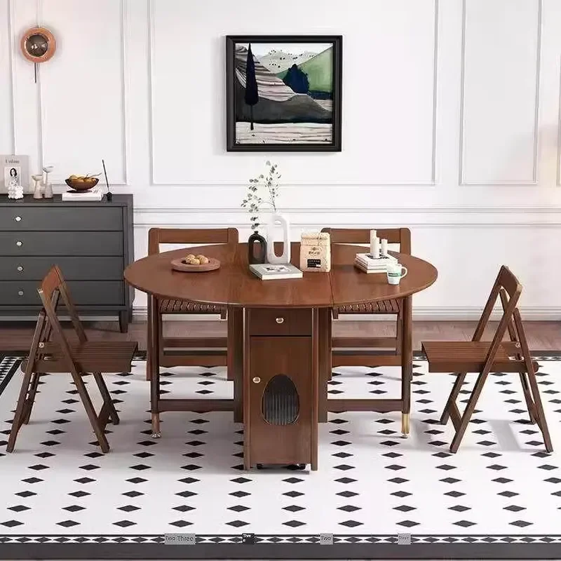 Space Saving Round Wooden Dining Set Featuring Antique Finish Foldable Table and Stackable Chairs for Small Homes