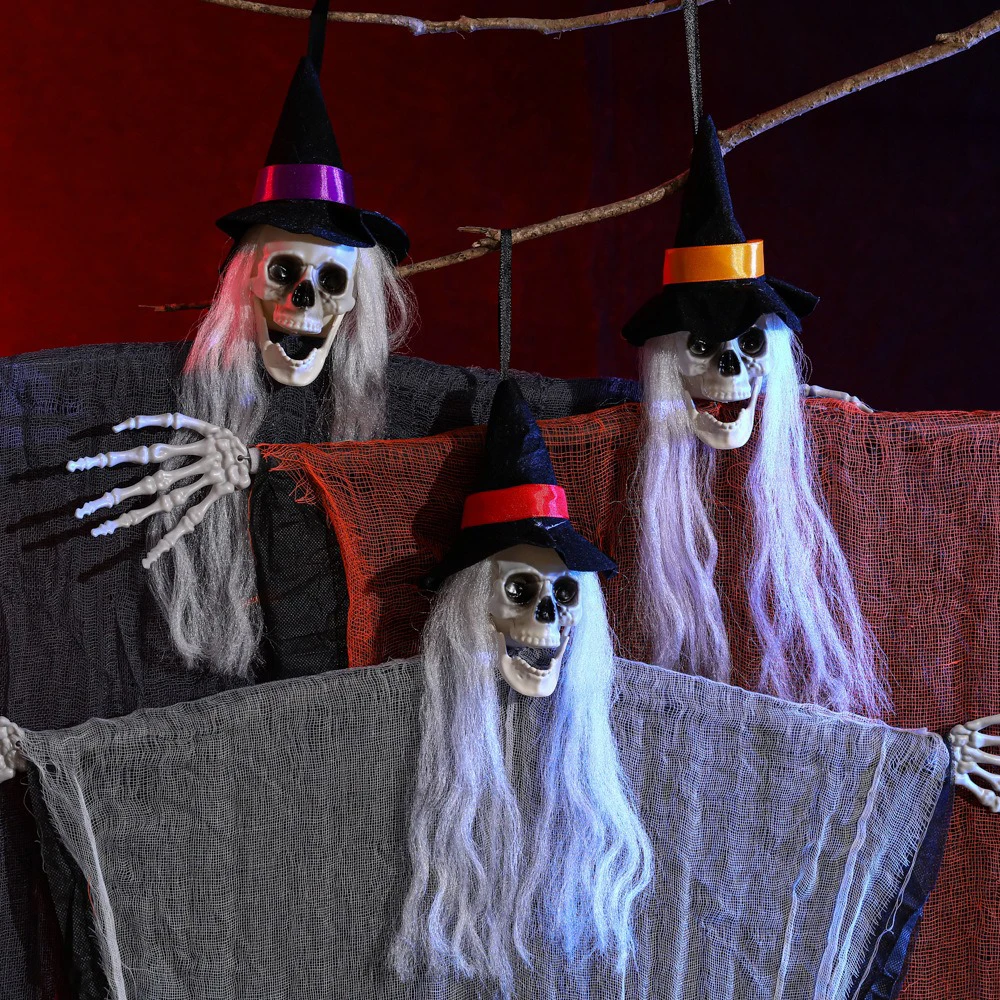 

100cm Halloween Hanging Ghost Scary Skeleton Witch with Purple Hat Grim Reaper Prop for Haunted House Outdoor Yard Decor