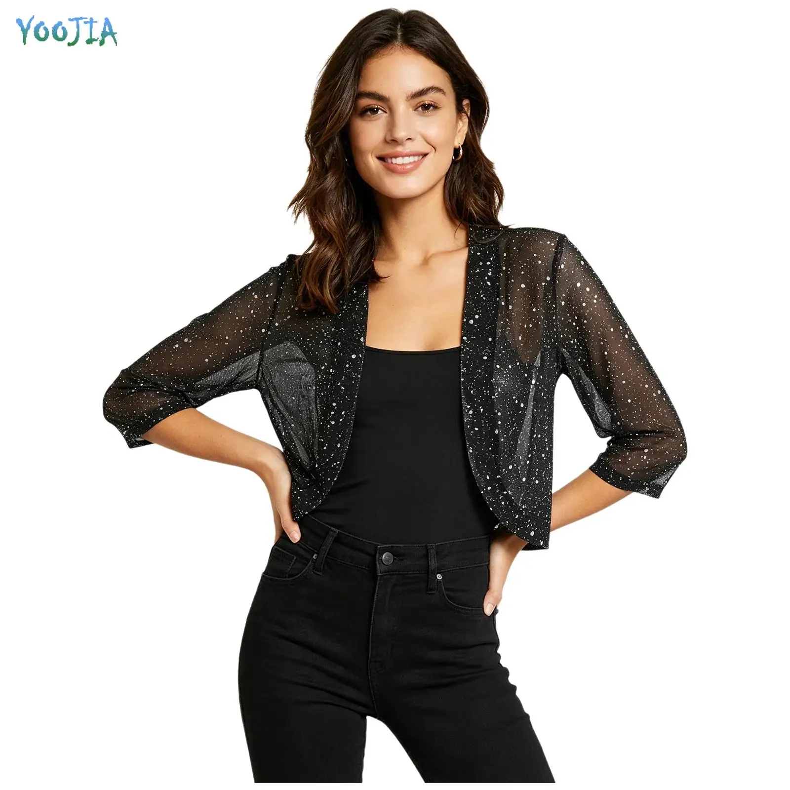 Women's Cardigan Tops Metallic Shiny Sheer Mesh Bolero Jacket Spots 3/4 Sleeve Open Front Curved Hem Crop Shrugs Shawls Cover up