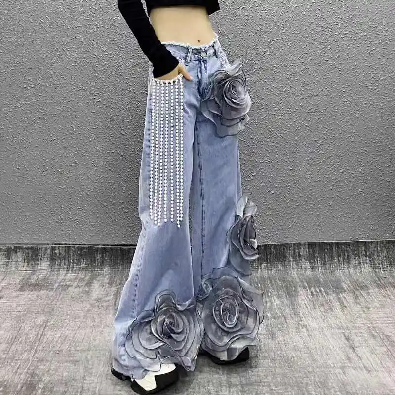 

Advanced Chain Design Casual Women Jeans Spring Summer High Waist Loose Personalized 3 Dimensional Floral Tassel Wide Leg Pants