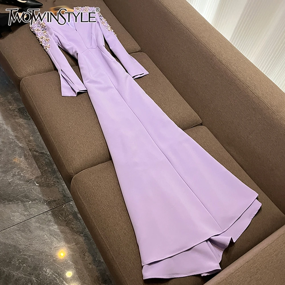 

TWOTWINSTYLE Front Slim Split Evening Dress for Women V Neck Long Sleeve High Waist Patchwork Diamonds Dresses FemaleKDR527141