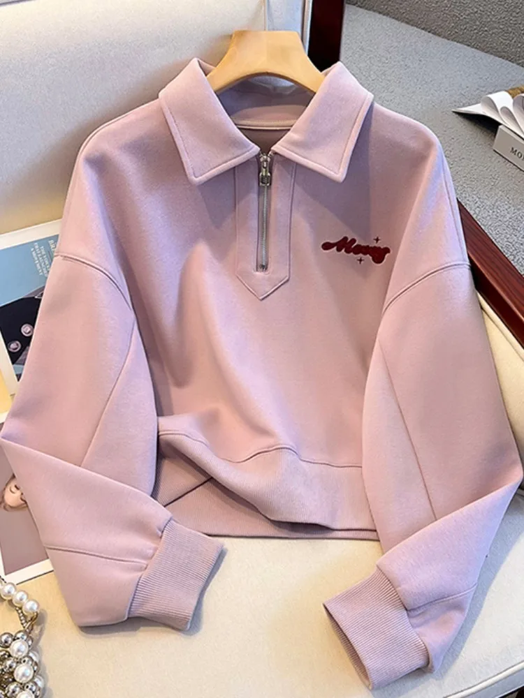 

Fashionable Neck Sweatshirt Women's Spring Autumn Loose Fit Half Zip Short Top Korean Style Long Sleeve Casual Wear