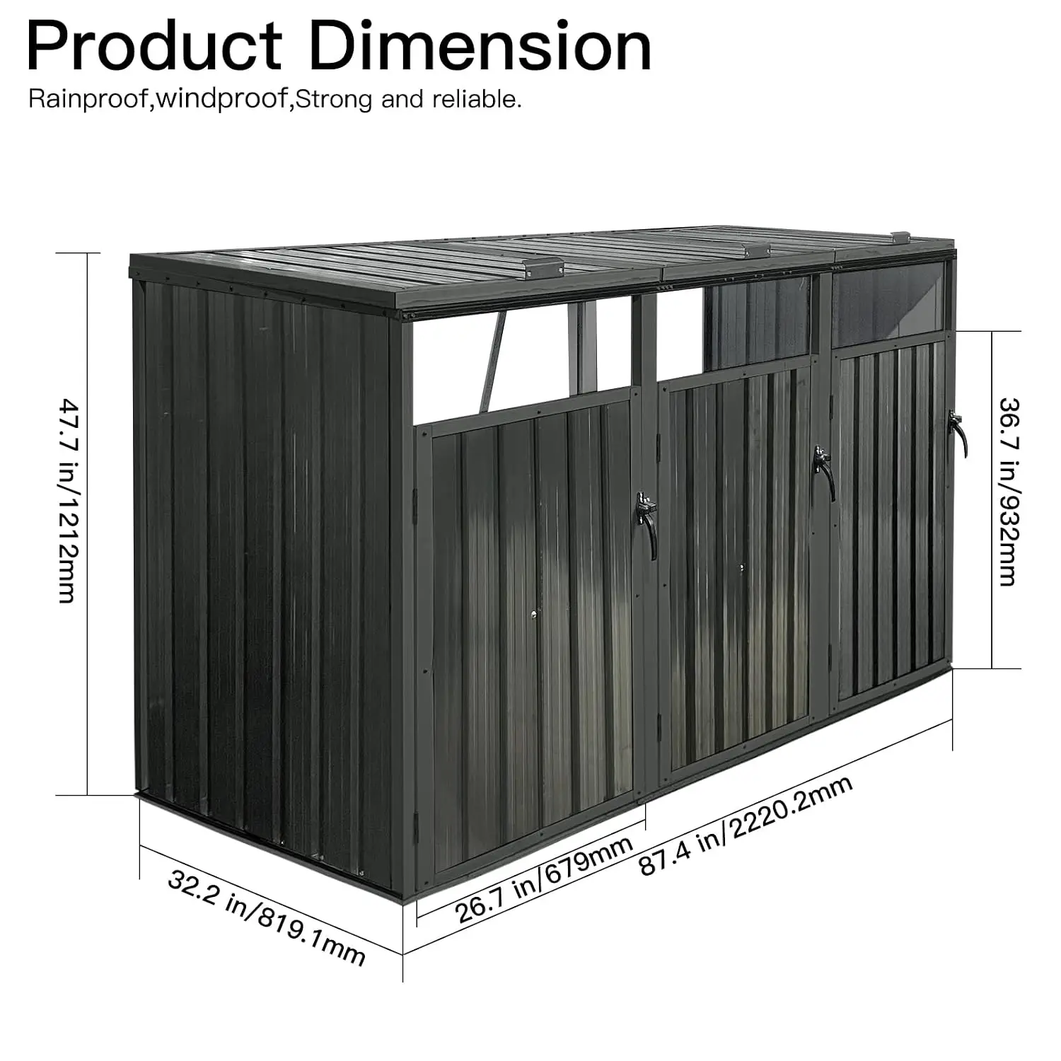 Outdoor Storage Shed 3 Trash Cans Horizontal Garbage Cabinet Waterproof Ventilated Lockable Metal Black Easy Clean, Customized