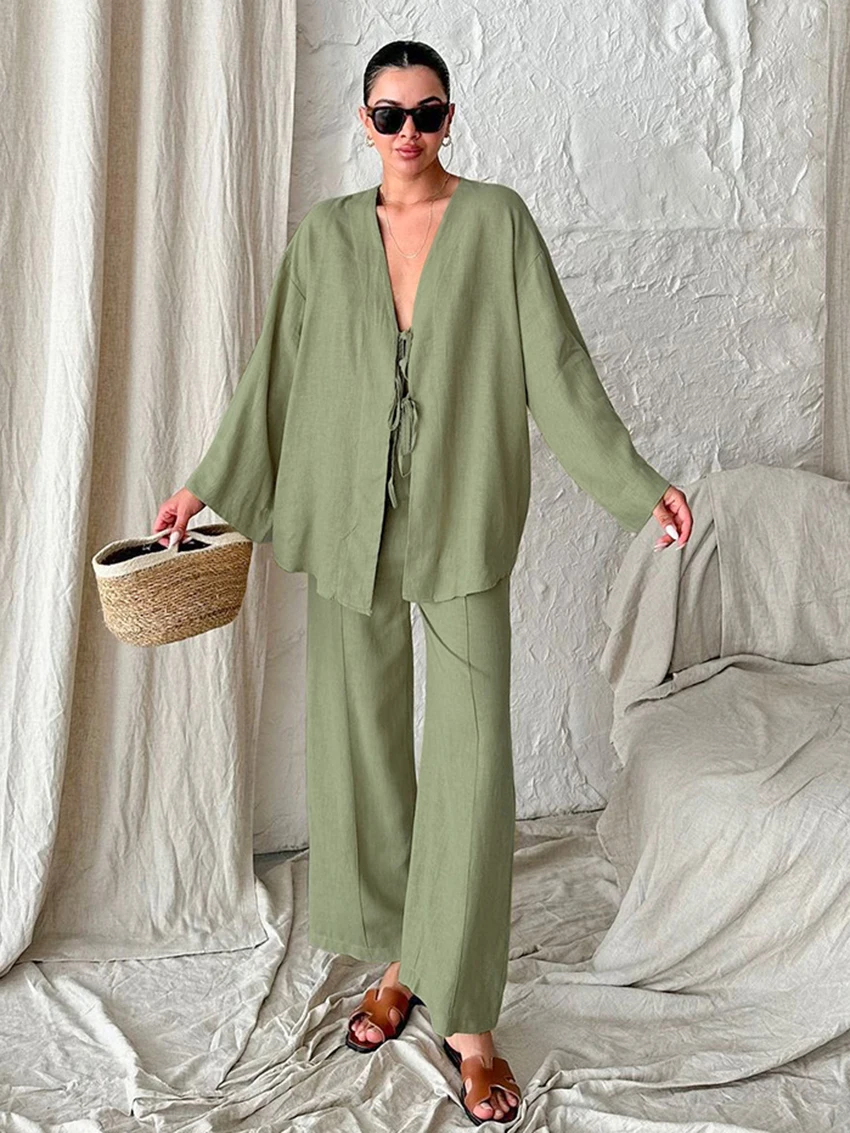 

Marthaqiqi Cotton Female Pajamas Set Sexy V-Neck Sleepwear Long Sleeve Nightwear Lace Up Nightie Pants Casual Women Pyjamas Suit