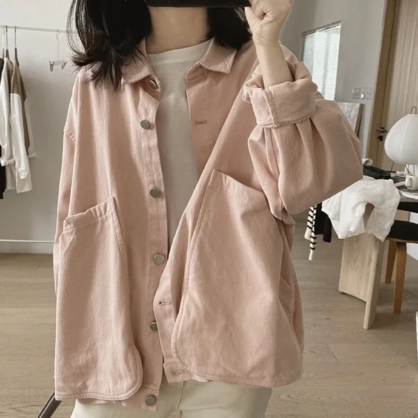 Women's Oversized Button-Down Jacket, Casual Cotton Blend Shacket with Pockets, Loose-Fit Lightweight Outerwear