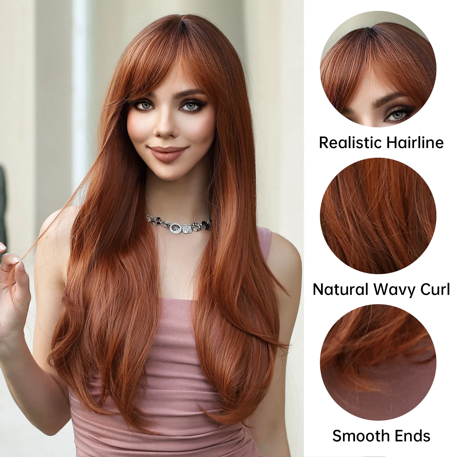 Red Brown Long Straight Synthetic Wigs with Bangs for Black Women Natural Hair Cosplay Party Daily Wig Heat Resistant Fibre