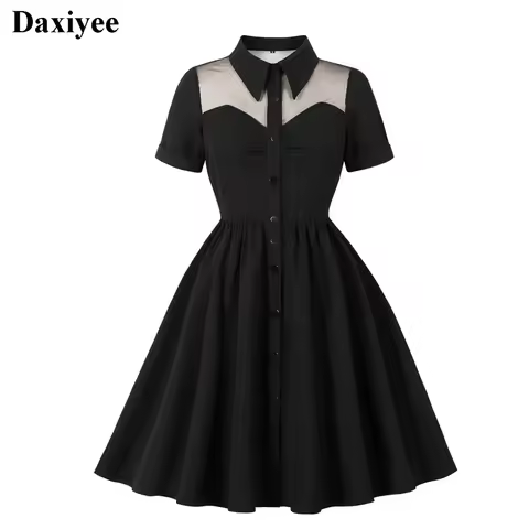 Turn Down Collar Black Elegant Gothic Dress Front Buttons Mesh Patchwork Women Party Dresses Evening Prom Vintage Dress Vestidos