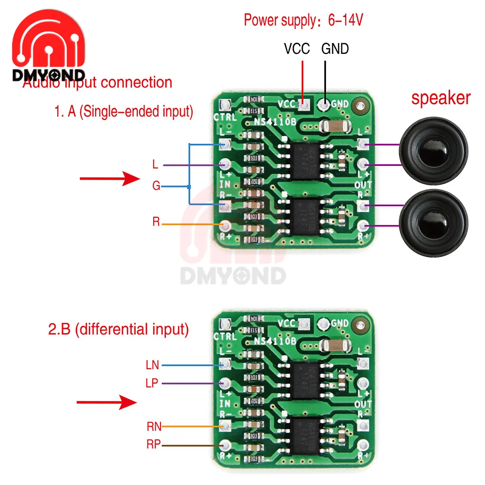 Differential Power Amplifier Board 2x18W Digital Class D/AB Audio Power Amplifier NS4110B 7W 10W 18W Overheating Protection