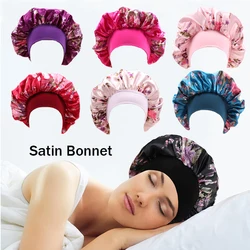 2Pcs Large Print Satin Bonnet With Stretchy Headwrap For Curly Hair Smooth Women Hair Cover Hair Wrap Cap Silk Scarf Sleep Hat