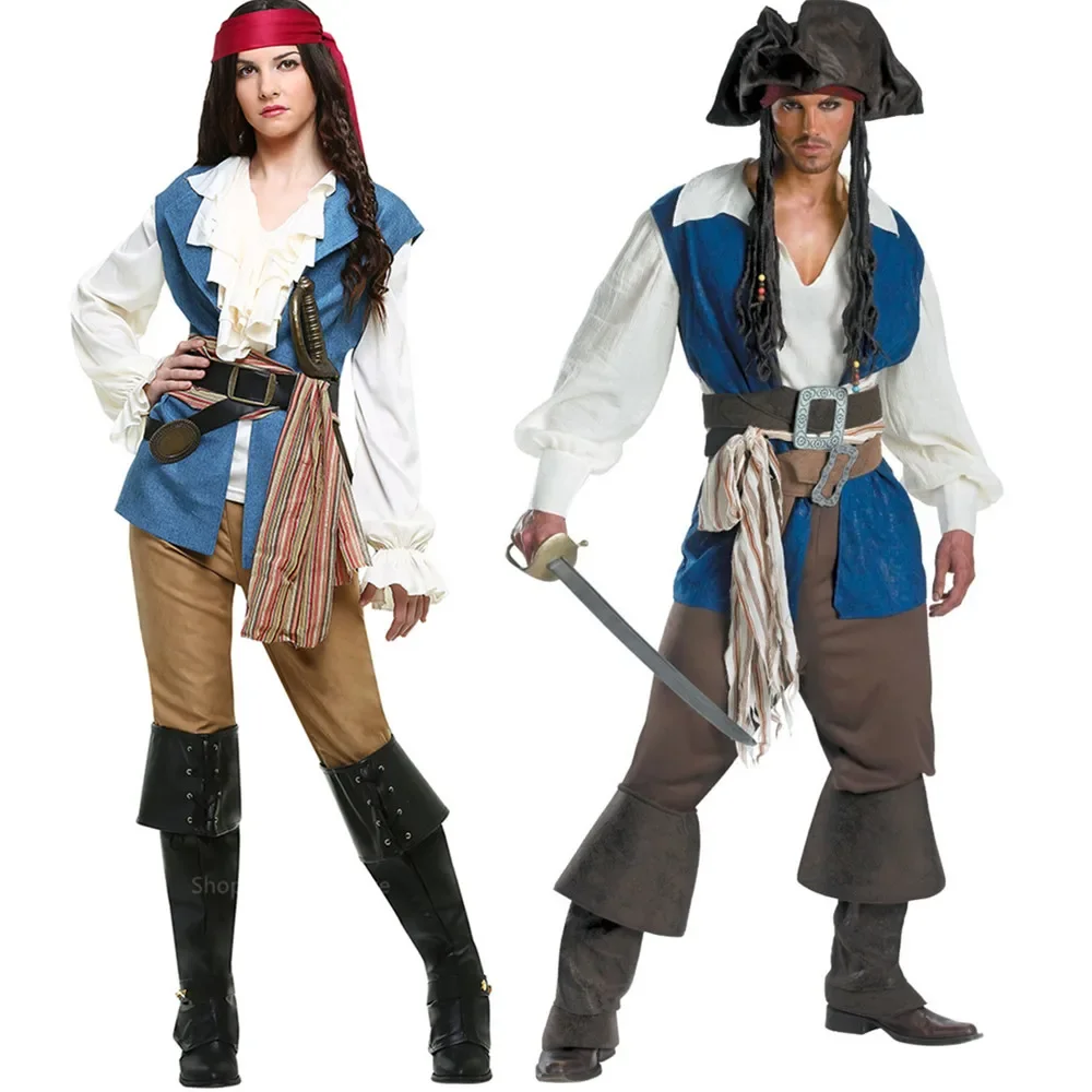 Caribbean Captain Pirate Jack Sparrow Adult Fancy Dress Ahoy Matey Halloween Cosplay Costume Men Women Carnival Party Stage Wear