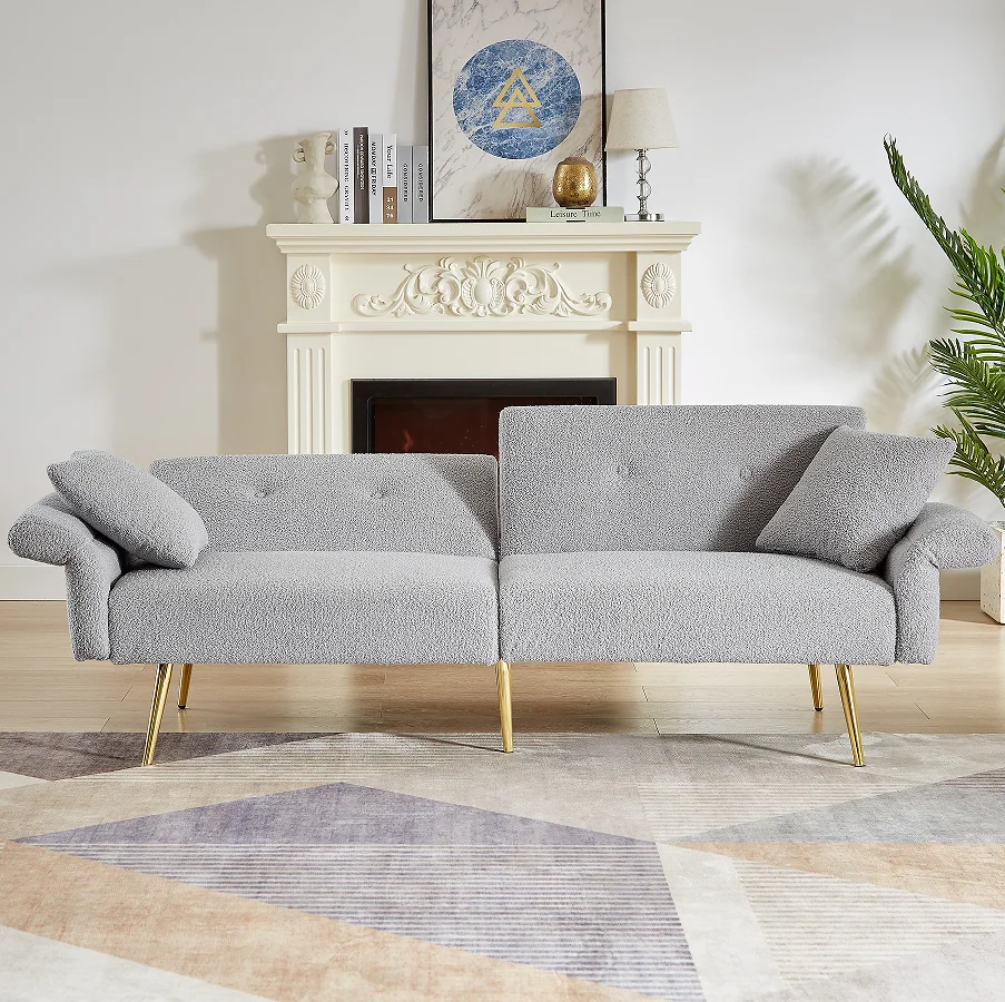 Modern Teddy Upholstered  Loveseat Sofa  Side Pocket Folding Sleeper Sofa Bed Foldable Armrest Square Apartment Hotel