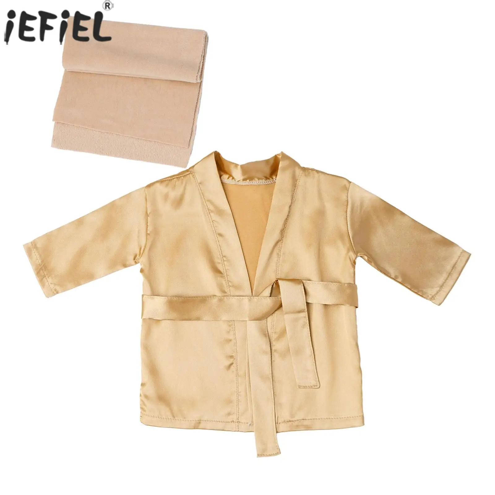 Newborn Baby Girls Boys Photography Outfits Long Sleeve Open Front Satin Bathrobe with Belt And Shower Cap Kids Photoshoot Props