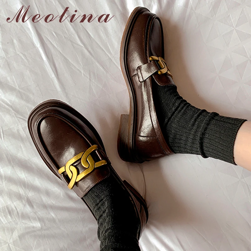 

Meotina Women Shoes Thick Med Heel Pumps Genuine Leather Loafers Shoes Metal Decoration Ladies Footwear Spring Autumn White 40