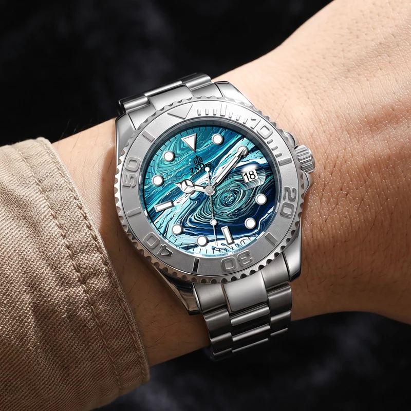 New Trendy Men's Quartz Watch, Swirl Dial, Classic Punk Style, Unidirectional Rotating Bezel, Luminous Display + Date Window, Stainless Steel Strap, High-Quality Finish, Dual-Purpose Business and Casual Men's Watch, Suitable for Daily Wear and as a Gift.