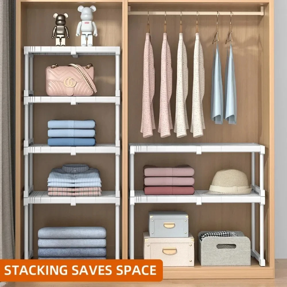 Closet Shelf Wardrobe Organizer Stackable Shelves Clother Storage Rack Telescopic Punch-Free Adjustable Wardrobe Divider Board