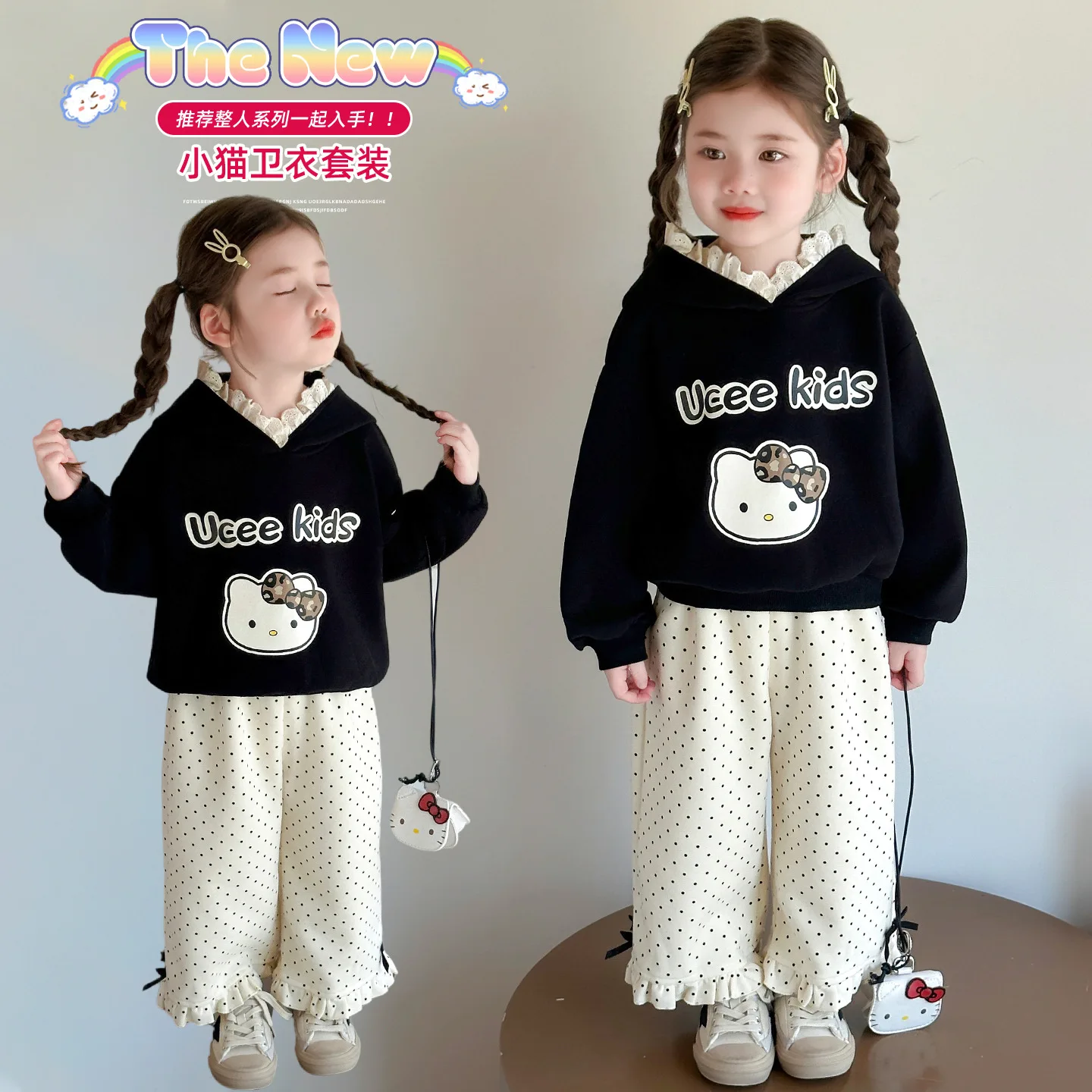 

Hello Kitty Girl Clothes Set Autumn Kid Sweatshirts Pullover Top&pants 2Pcs Suit Children Sweet Tracksuits Outfits