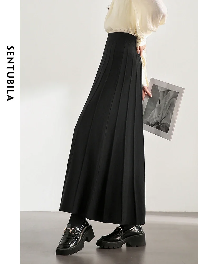 

SENTUBILA Casual Knitted Skirt Women 2025 Autumn A-Line High Waist Elastic Waist Elegant Long Skirts Female Clothing W34Q51854
