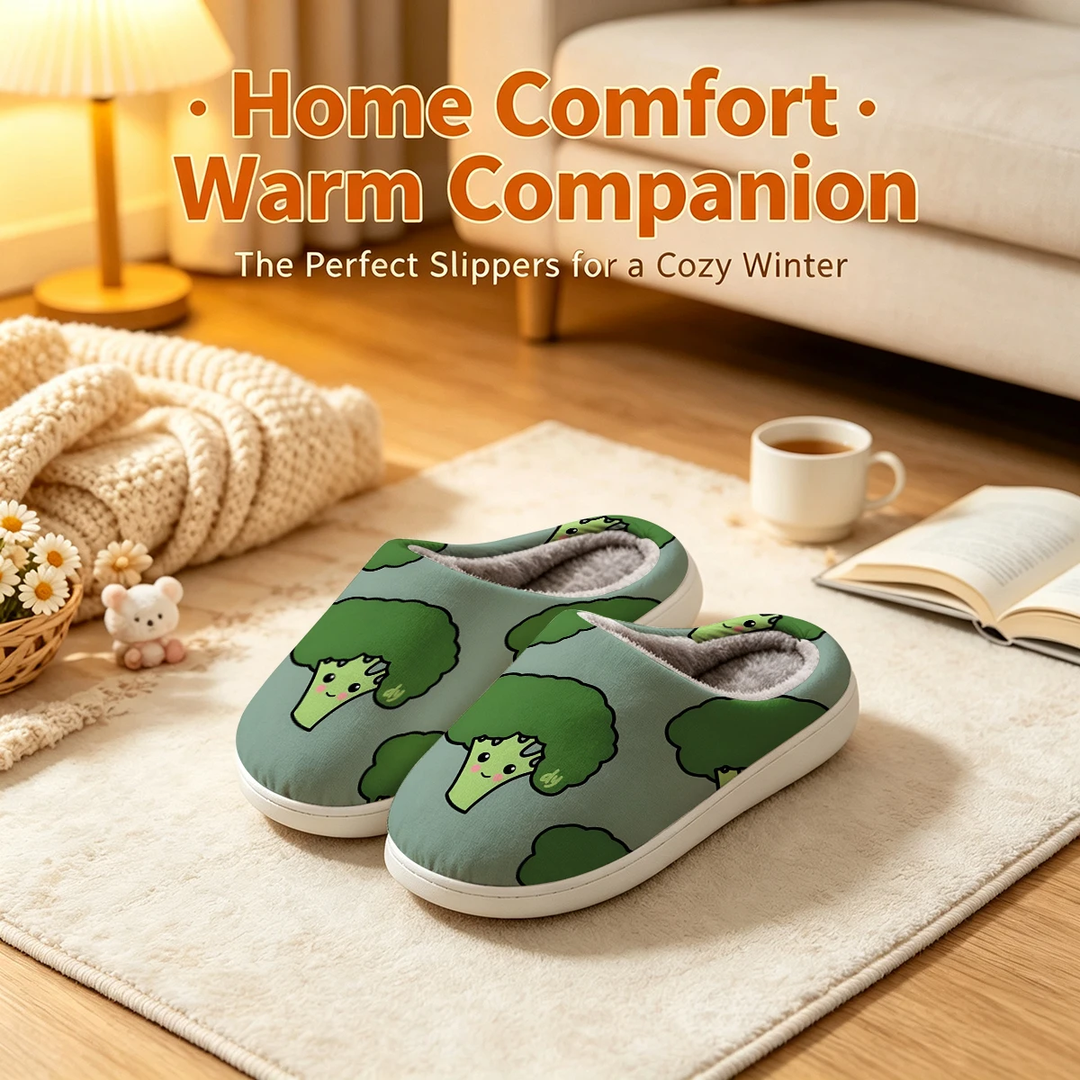 cute broccoli character Christmas White Slippers Warm Plush Indoor Shoes Non-Slip Winter Slippers Family Holiday Gifts Soft view 3