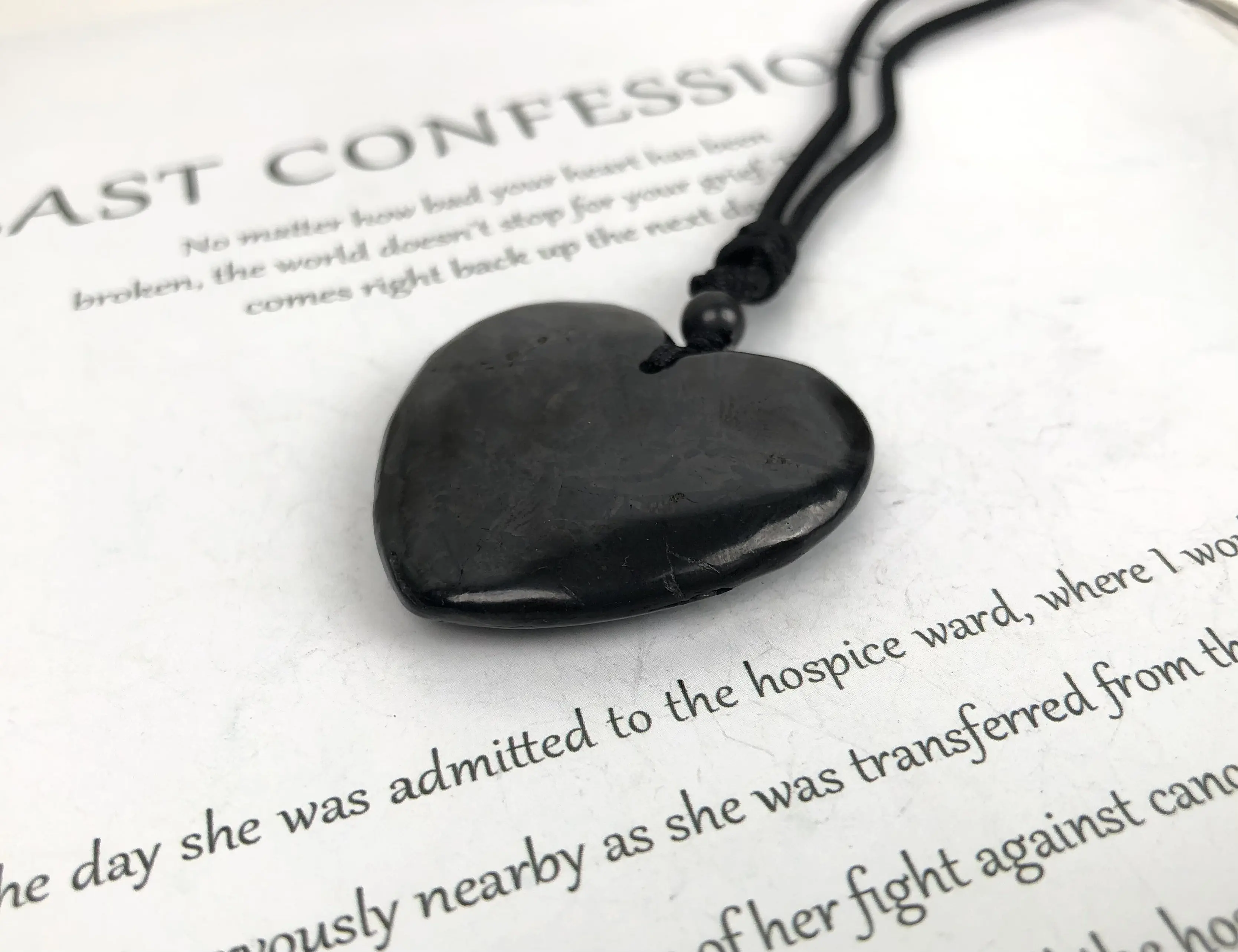 

Natural Shungite Heart Pendant Necklace for Women and Men, Polished Black Stone Amulet, Handmade Cord Jewelry Gift