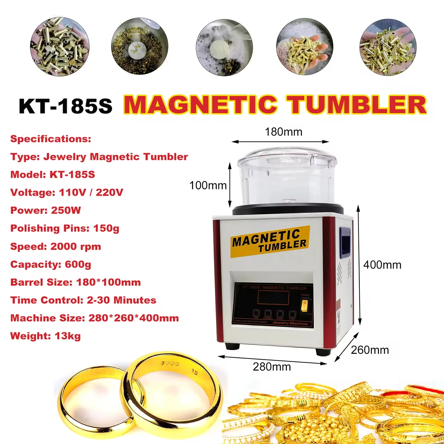 

KT-185S Magnetic Tumbler Jewelry Polishing Machine Digital Magnetic Tumbler Jewelry Polisher Finishing Machine 110V/220V