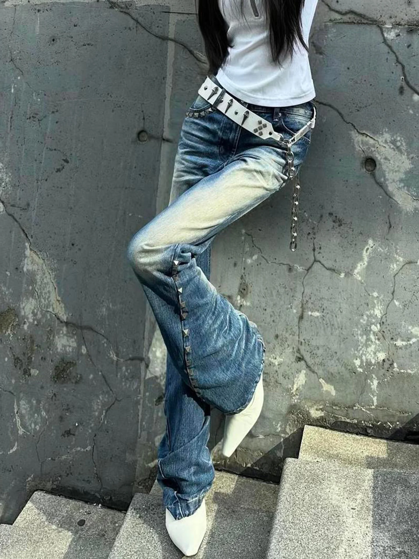 American Vibe Washed Vintage Rivet Bell Bottom Jeans Women Fashion Sexy Slimming Wide Leg Draping Long Trousers