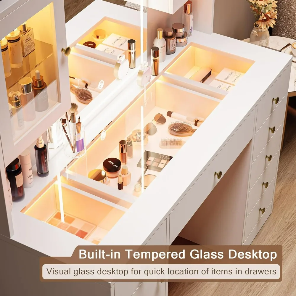 مكتب زينة مكياج مضيء مع سطح زجاجي كبير وتخزين كافية