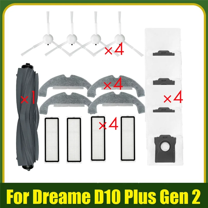 A22F-For Dreame D10 Plus Gen 2 RLD32GD: 4X Side Brush, Hepa Filter, Mop Cloth, Dust Bag & Rubber Brush Replacement Parts