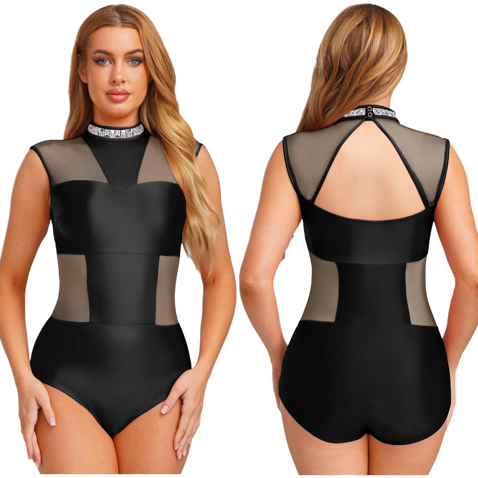 

Womens Lyrical Dancwear Mesh Patchwork Leotard Mock Neck Rhinestone Backless Openable Crotch Bodysuit for Latin Ballet Dance
