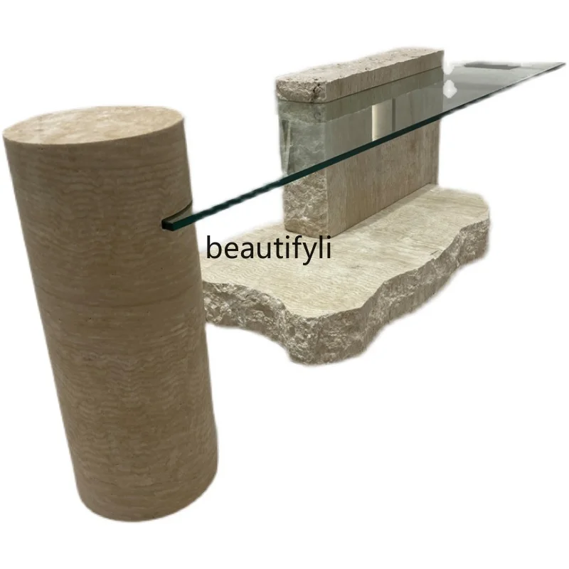 Wabi Saft Marble Entrance Table, Designer, Clothing Store Travertine Smashing Effect Display Stand