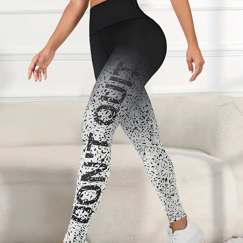 

Outdoor Sports Gradient Printing Letters High Waist Yoga Pants Fashionable Slims Smooth Your Silhouette Women's Fitness Leggings