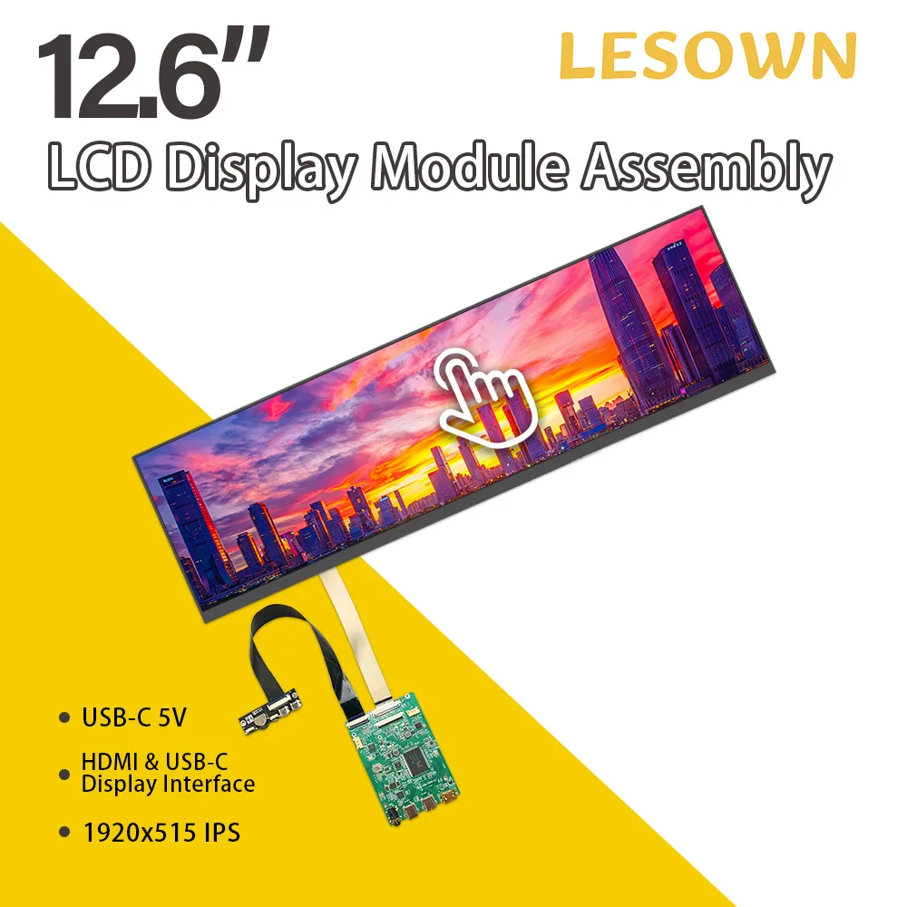 LESOWN 12.6 inch Long Bar Screen 1920x515 LCD Display Touch IPS 1200:1 USB-C HDMI Modules with Driver Board eDP 30PIN Interface