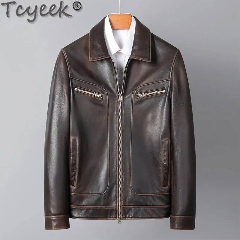 

Real Tcyeek Leather Jacket Men Fashion New Coats Brown Vintage Goatskin Coat for Man High-end Clothes Slim Fit