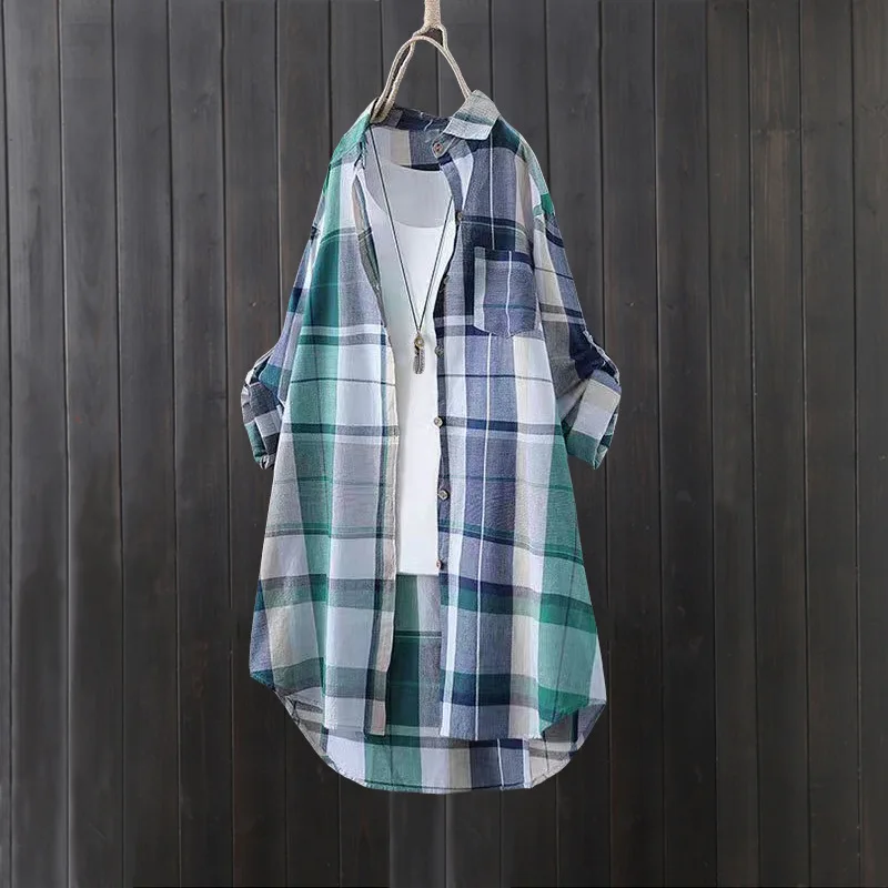 Elegancka bluzka damska Modna luźna koszula damska w kratę z guzikami - idealna na wiosnę/lato