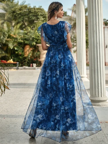 Imagen 2 del producto Mgiacy-vestido de noche elegante para dama de honor, vestido de fiesta con cuello en V, malla de retazos, volantes, encaje, Mangas de loto