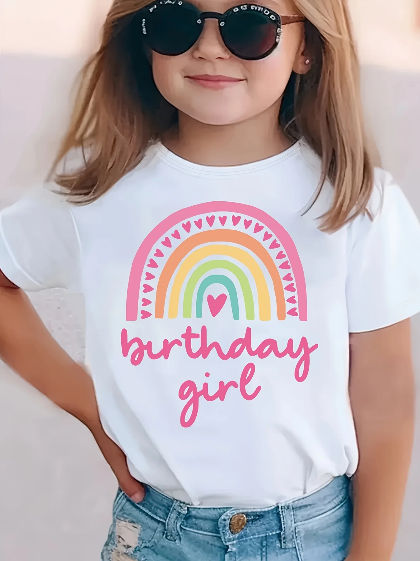 

Colorful Rainbow Happy Birthday Girl Print White T-Shirt Soft Polyester Round Neck Short Sleeve Tops Casual Birthday Party Tee