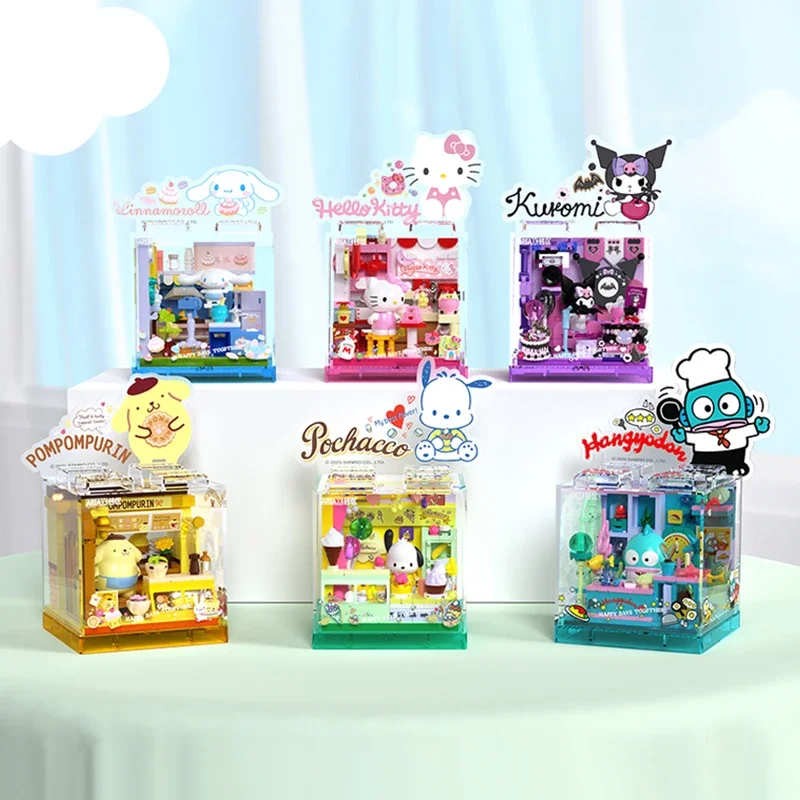 Sanrio Building Blocks Hello Kitty Kuromi Bakery Dessert House Ocean Restaurant Model Desktop Display Toy Gift for Kids Adults