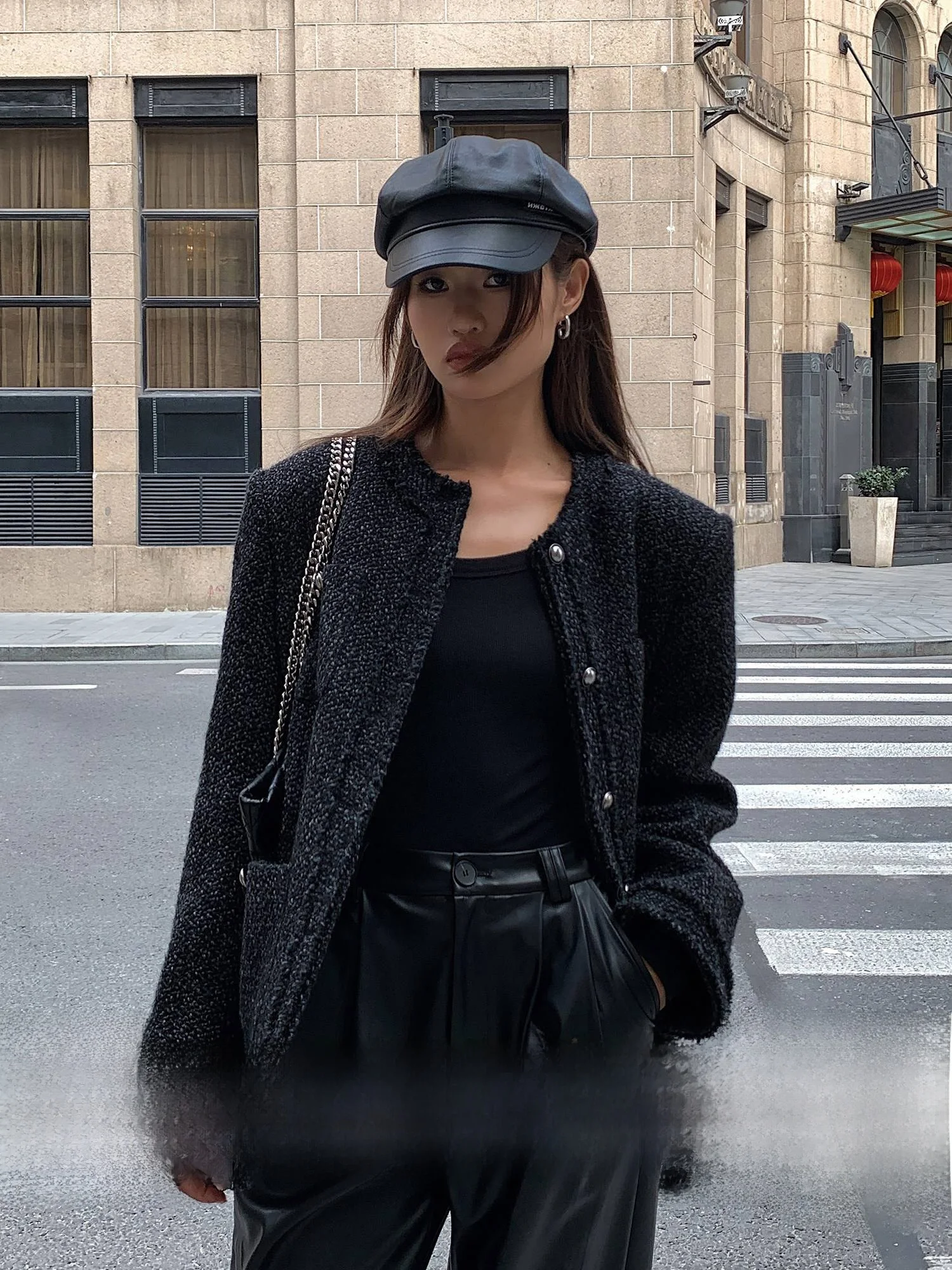 

Ousph Woolen ort Coat Fem round Ne High Quali Women's Faion Street Sle Loose Fit Long Sve Color