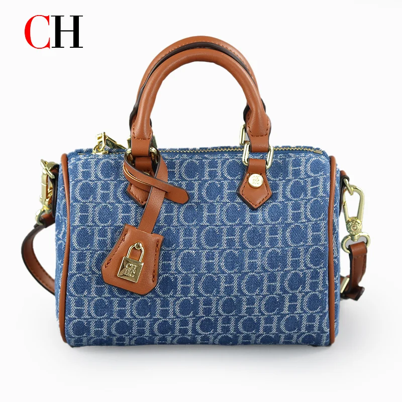 CH Women Fashion Monogram Mini Boston Bag Top Handle Crossbody Lock Charm Gold Hardware Contrast Trim Daily Use