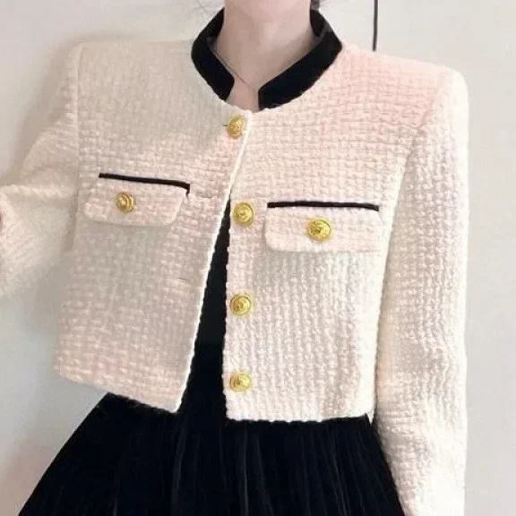 Womens Elegant Tweed Cropped Tops 캐주얼 빈티지 짧은 Jackrts 봄 한국 패션 슬림 코트 Sweet Chic Chaquetas 2024 New