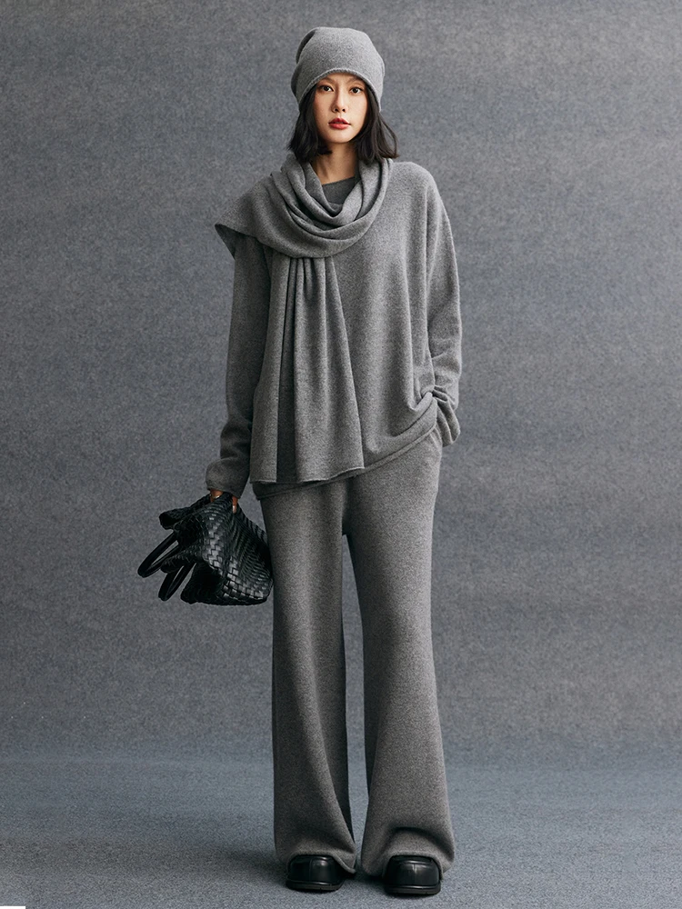 Women 100% Cashmere Rolled edge O-neck Pullover Wide Leg Pant Set Warm Loose Sweater Long Trousers Autumn Winter Cashmere Knit
