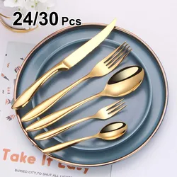 24Pcs 30Pcs Gold Tableware Stainless Steel 304 Cutlery Silver Dinner Set Mirror Flatware Western Knife Fork Kitchen Utensils