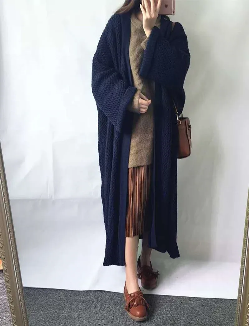 2024 Loose Long Coats Women Knitted Cardigan Over Knee Thick Thread Fat Large Sweater Jacket Autumn Winter Overcoat