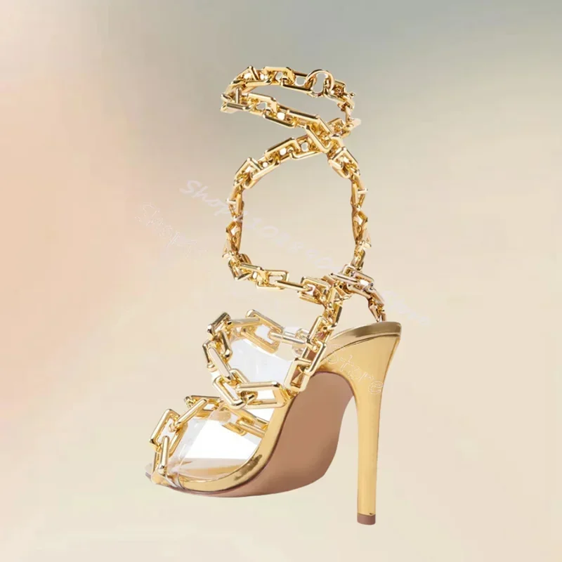 

Gold Chain Hollow Design Open Toe Twine Sandals Slip On Women Shoes Thin High Heels Novel Party Banquet 2026 Zapatos Para Mujere