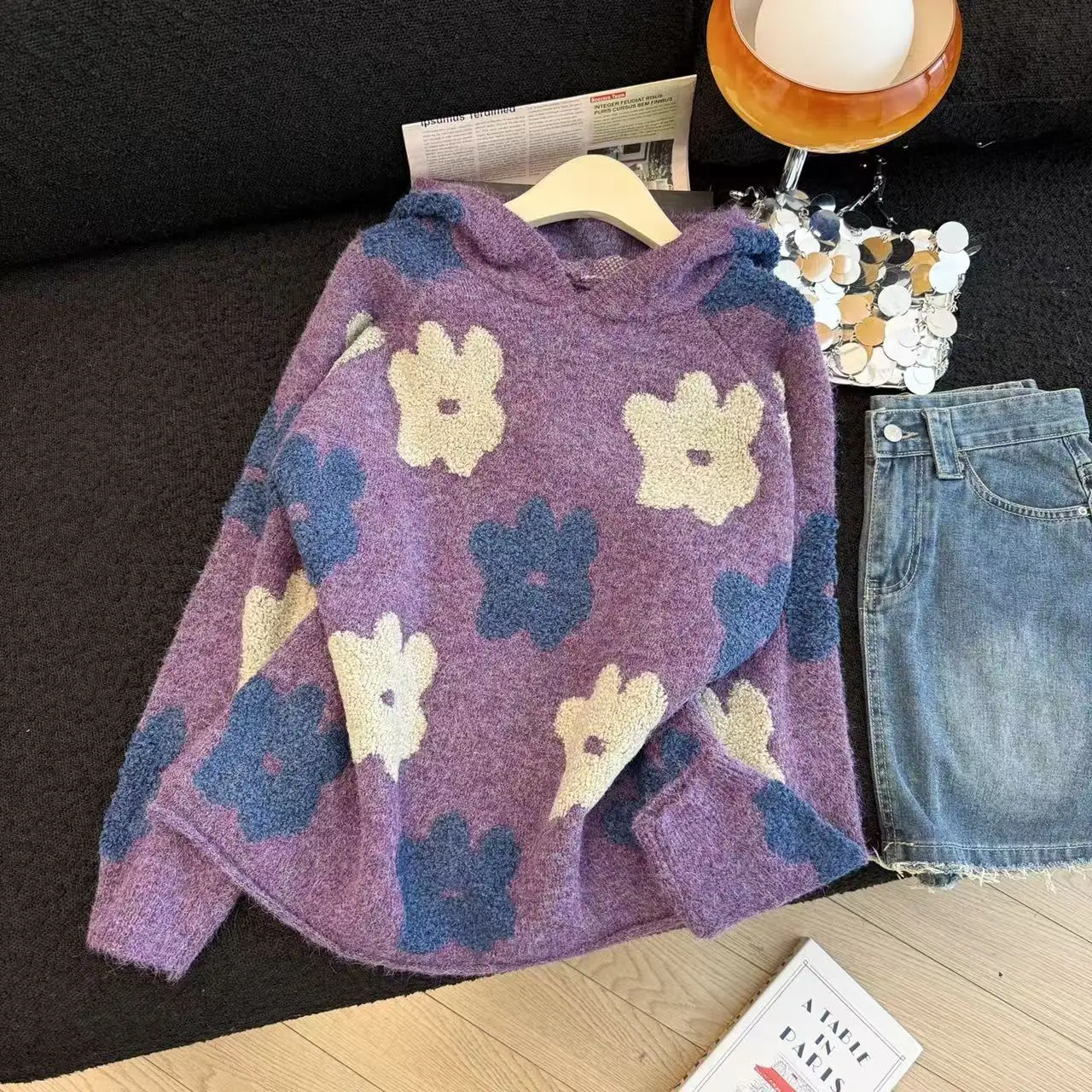 Frauen Lila Strickpullover Hoodie Pullover 2000er Jahre Vintage Lange Ärmel Gemütlicher Kaschmirpullover Für Frauen Kleidung Frühling Herbst 2025