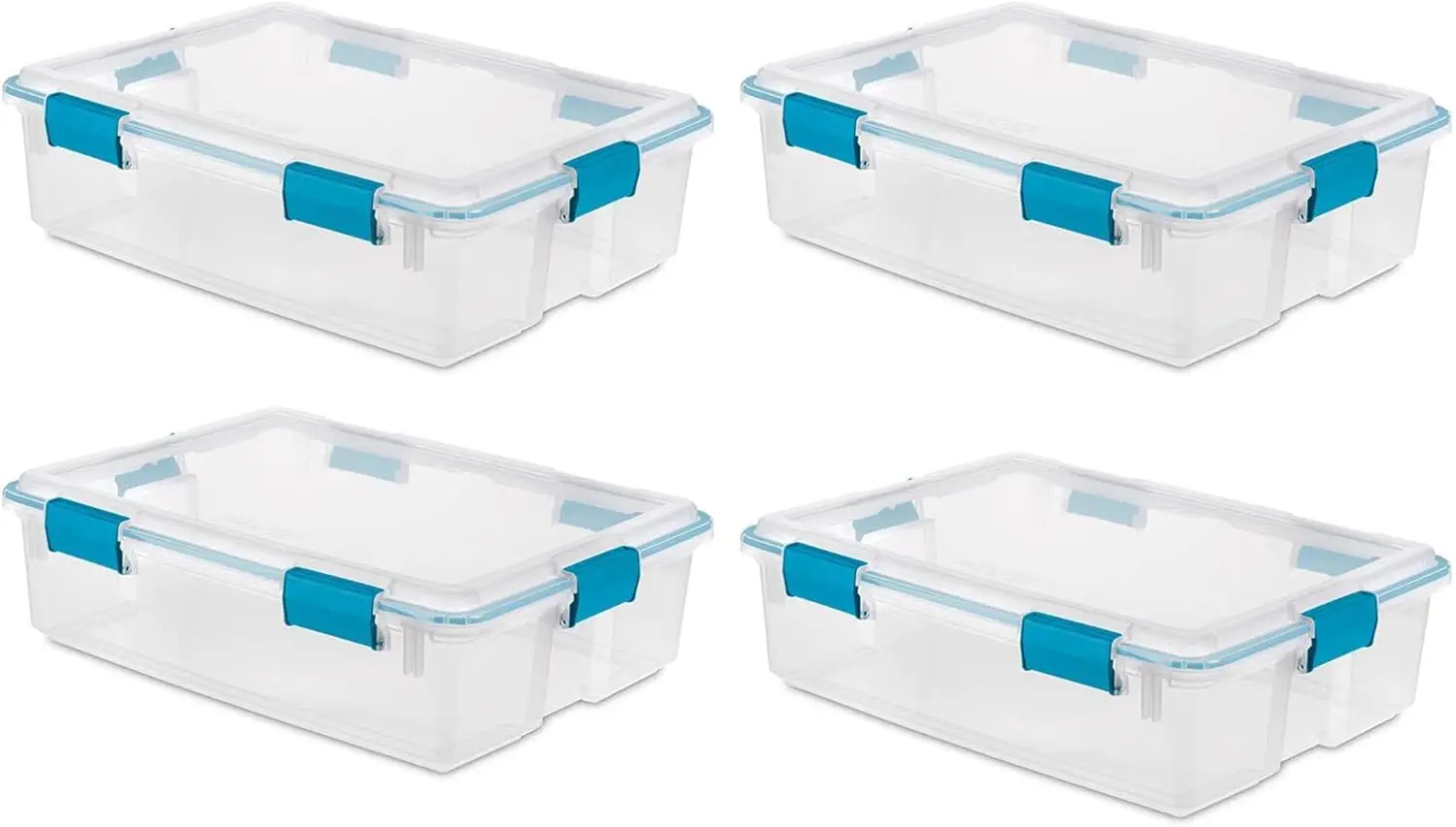 

Stackable Storage Bin with Latching Lid and Tight Seal, Plastic Container to Organize Basement, Clear Base and Lid, 4-Pack