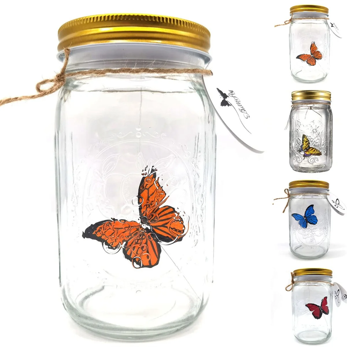 Simulation Butterfly Collection in a Jar, Butterfly Jar That Moves, LED Light Romantic Glass Animated Butterfly Yellow