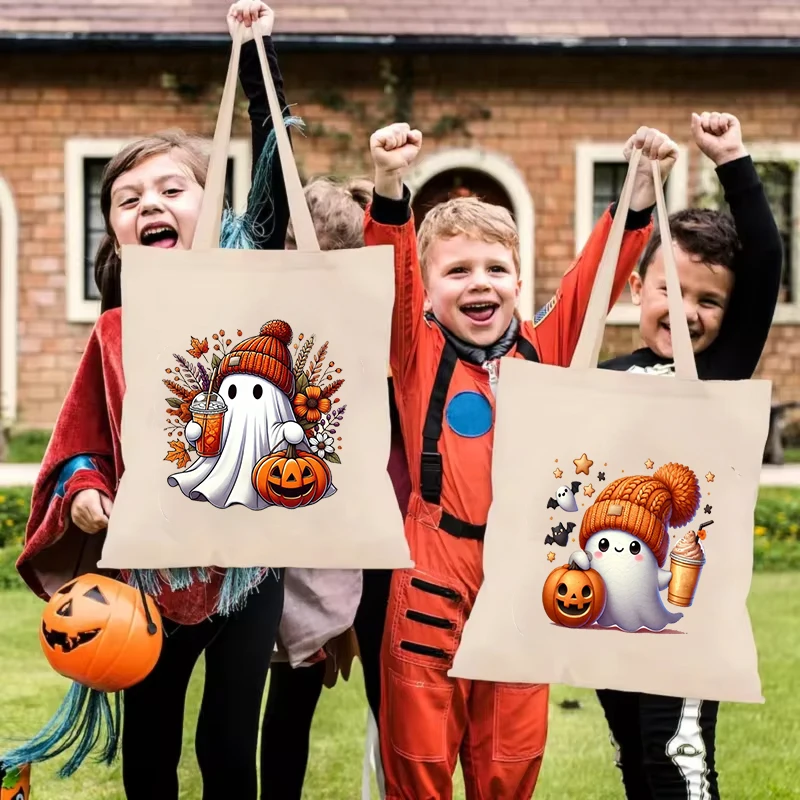 Borsa tote con zucca per festa di Halloween Borsa personalizzata per dolcetti o scherzetto per bambini Fantasma spettrale Sacco per caramelle carino