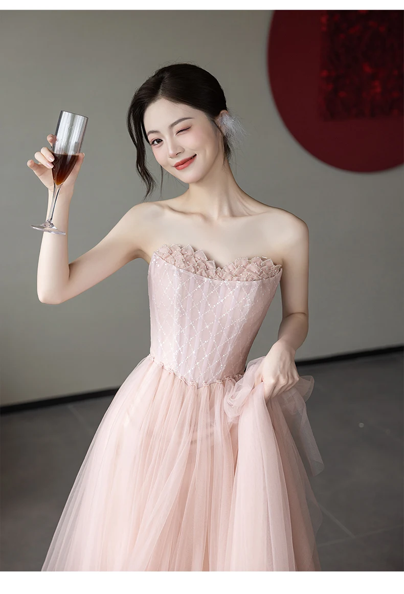 L&P DQL Studio Blush Avondjurk Sweetheart Lace-up Pleats Tule Feestjurk Galajurken Kralen op Top