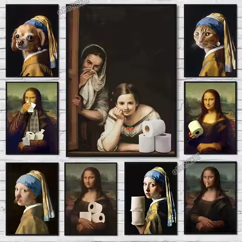 Funny Portrait Bathroom Canvas Posters Mona Lisa Bathroom Meme Funny Toilet Canvas Prints Paintings Unique Home Bathroom Decor