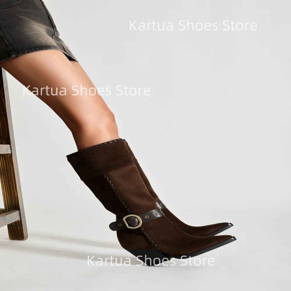 Women's Brown Suede Knee High Western Cowgirl Boot Buckle Decor Mid Heel Long Botas Vintage Ladies Daily Braided Detail Booties
